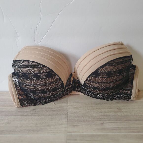 Jezebel B5030 Padded Push Up Bra 34B Nude Black Stitch Bows - Picture 2 of 13